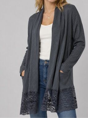 Umgee Waffle Knit Lace Hem Open Front Cardigan Charcoal Gray Size M